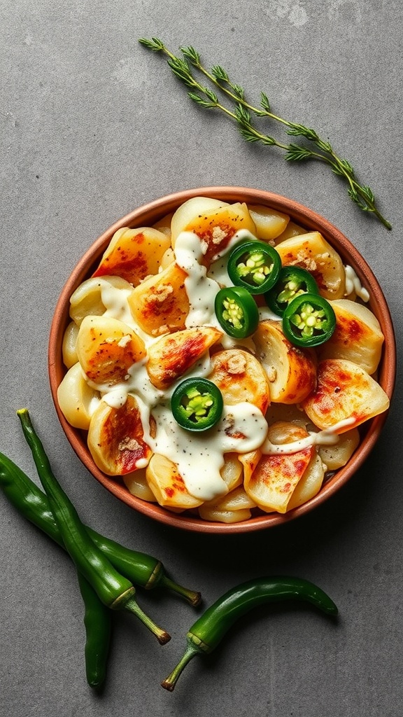 A bowl of spicy jalapeño scalloped potatoes topped with jalapeño slices.