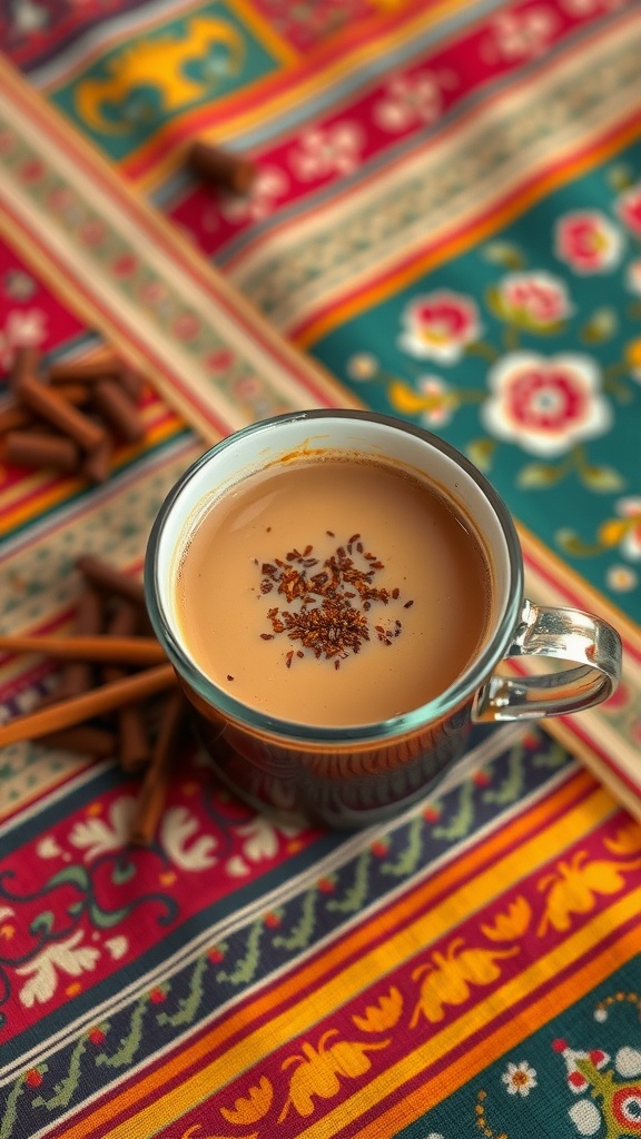 A cup of spicy keto chai coffee with decorative spices on a colorful tablecloth.
