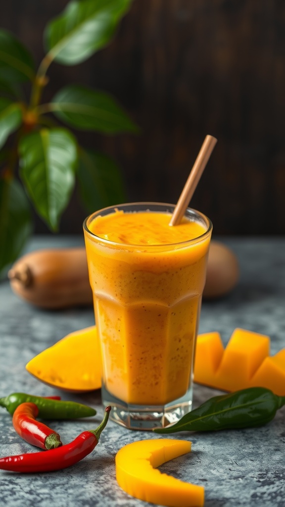 A vibrant Spicy Mango Habanero Smoothie in a glass, surrounded by mango slices and chili peppers.
