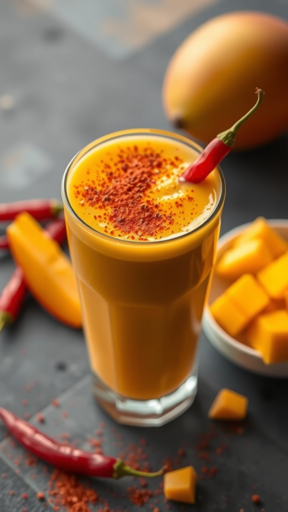 Spicy mango smoothie garnished with chili powder and fresh chili pepper