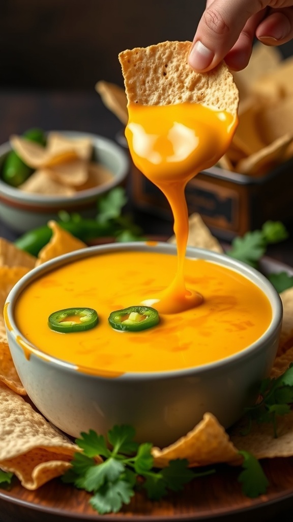 A bowl of spicy Mexican cheese fondue with tortilla chips and jalapeños.