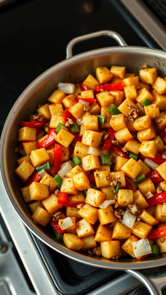 A skillet filled with diced mini potatoes, bell peppers, and onions, seasoned and cooking together