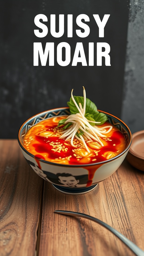 A delicious bowl of spicy miso ramen with garnishes and vibrant colors.