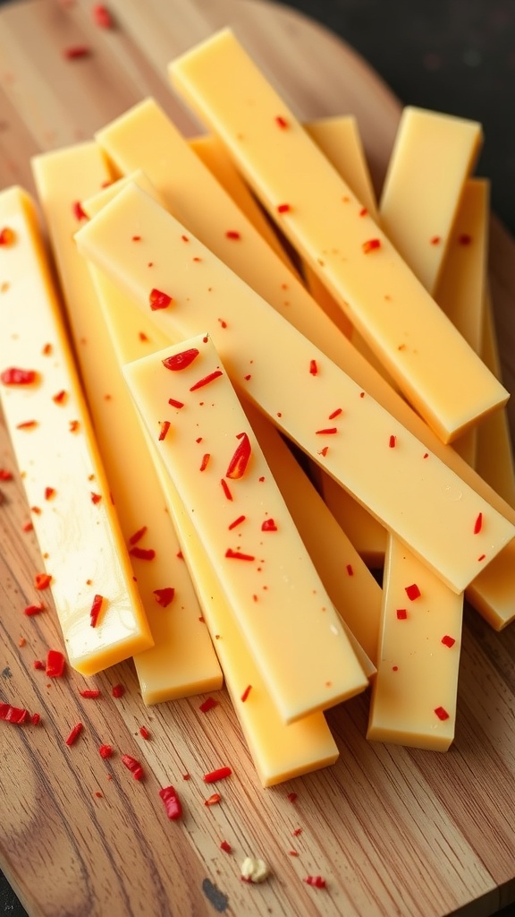 Spicy pepper jack cheese sticks on a wooden surface