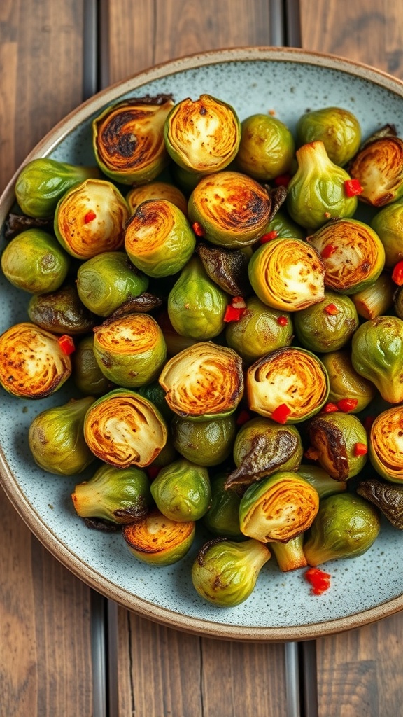 A bowl of spicy roasted Brussels sprouts garnished with red peppers.