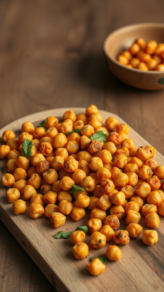 A wooden platter filled with spicy roasted chickpeas, garnished with fresh herbs.
