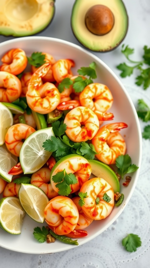 A colorful bowl of spicy shrimp and avocado salad garnished with lime and cilantro