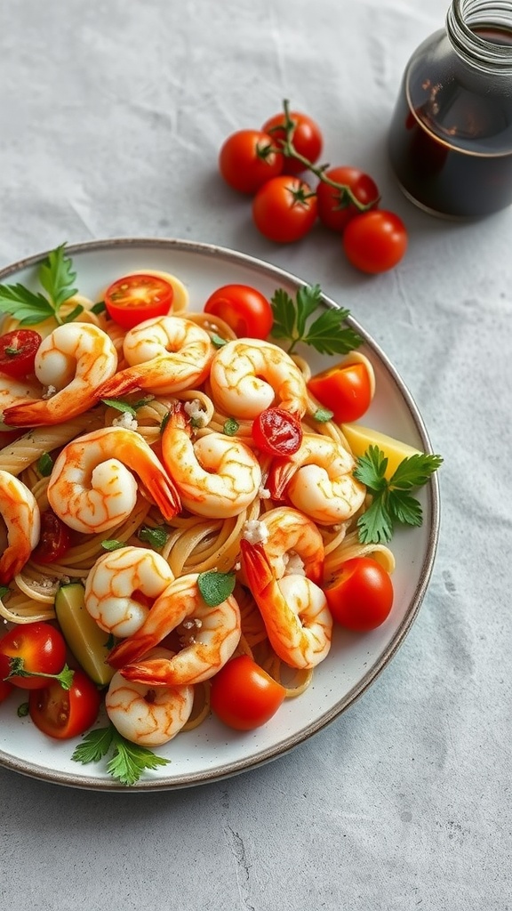 A vibrant plate of spicy shrimp and Greek pasta salad with fresh ingredients.