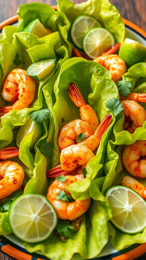 Spicy shrimp served in lettuce cups with lime slices and cilantro