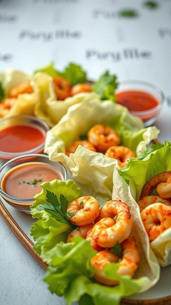 Spicy shrimp lettuce wraps with dipping sauce