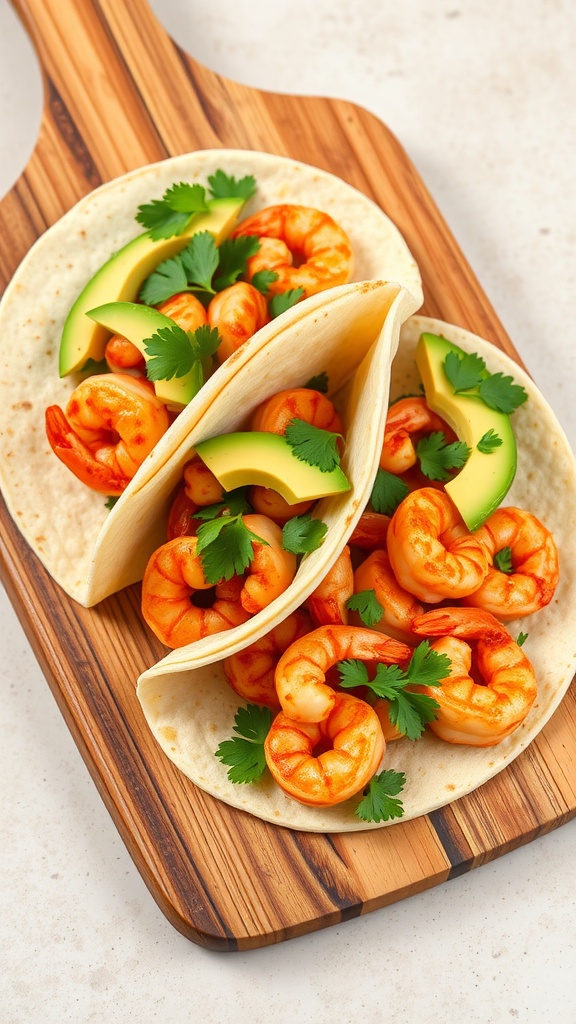 Delicious spicy shrimp tacos with avocado and cilantro