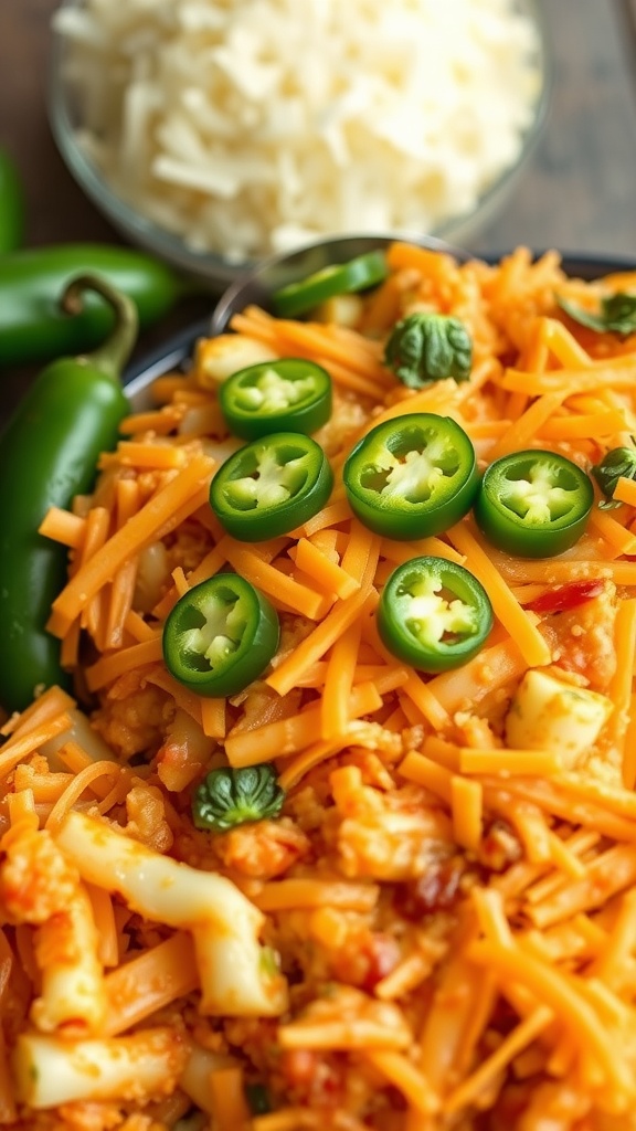 A delicious serving of spicy southwest cabbage casserole topped with cheese and jalapeños.