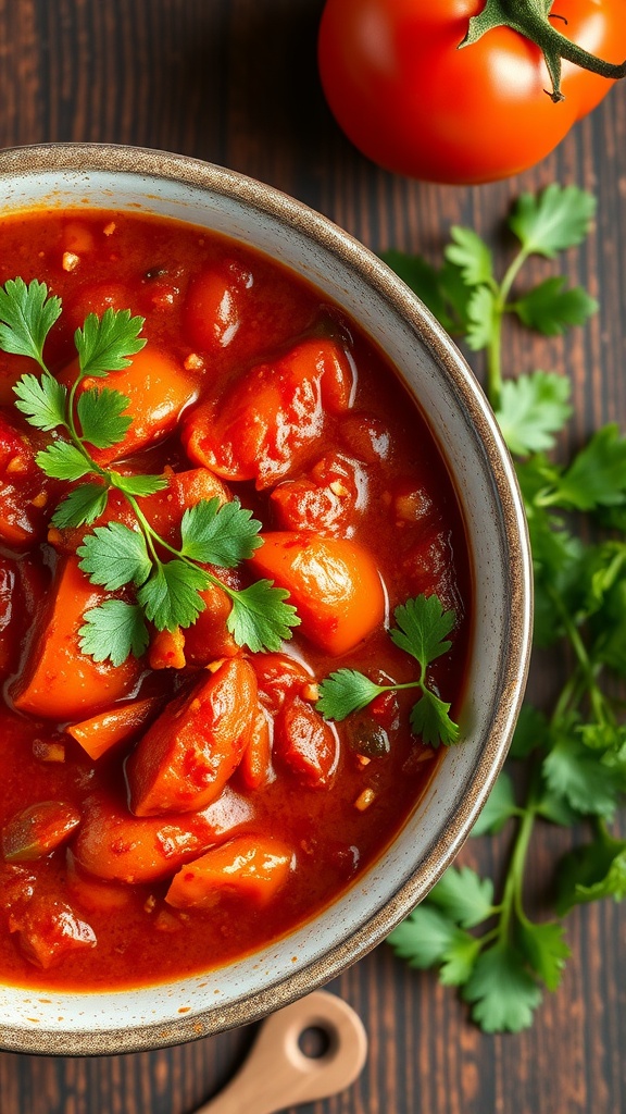 A bowl of spicy stewed tomatoes garnished with cilantro, showcasing rich red colors and a hearty texture.