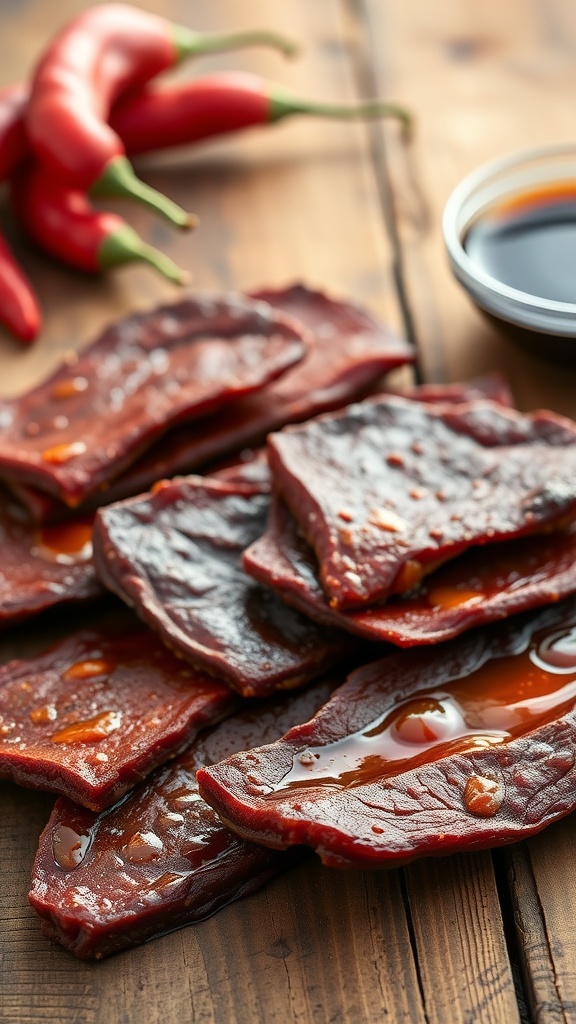 A plate of spicy teriyaki beef jerky with chili peppers and sauce.