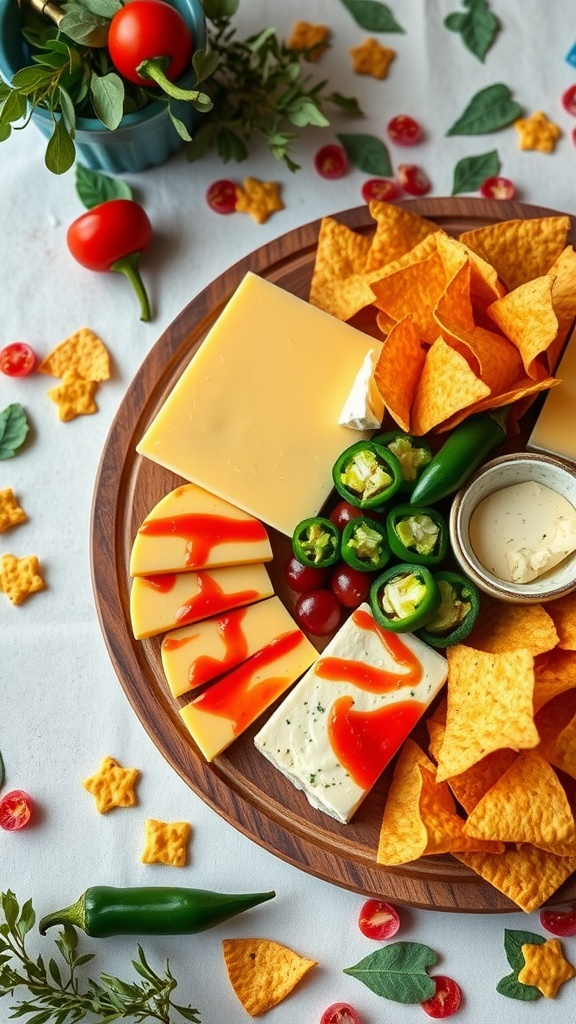 A colorful cheese board featuring a mix of cheeses, tortilla chips, jalapeños, and grape tomatoes.