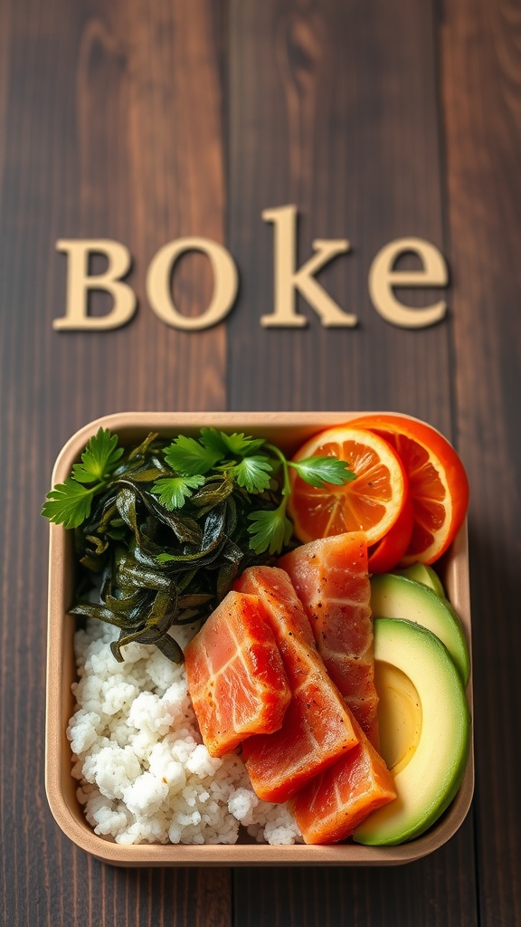 A bento box featuring spicy tuna, avocado, seaweed, and rice.