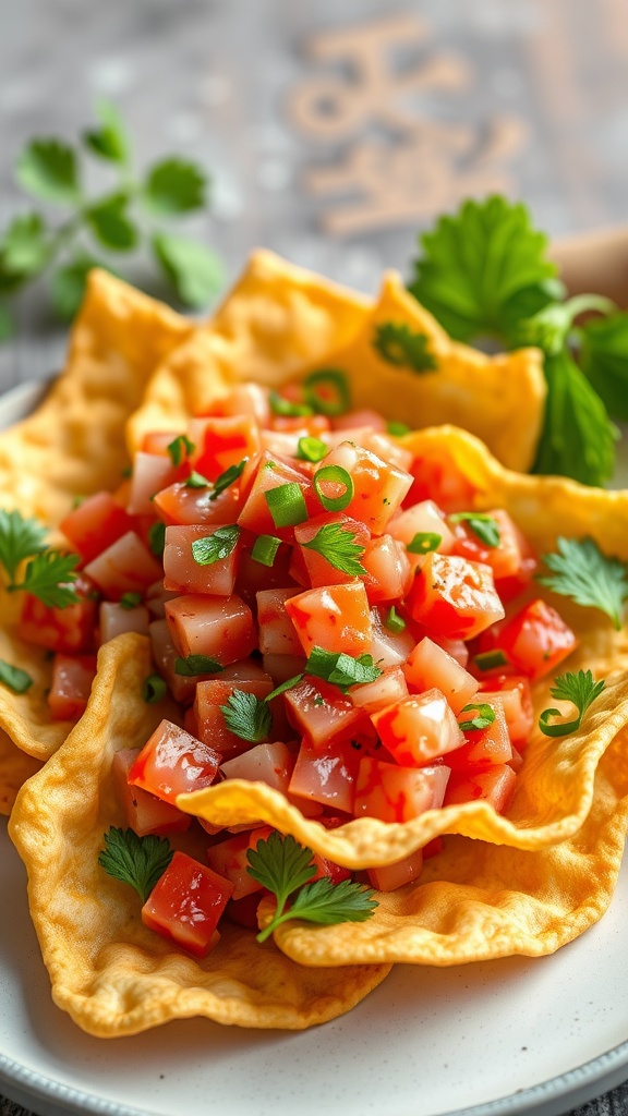 A plate of spicy tuna tartare served on crispy wonton chips, garnished with green onions and herbs.