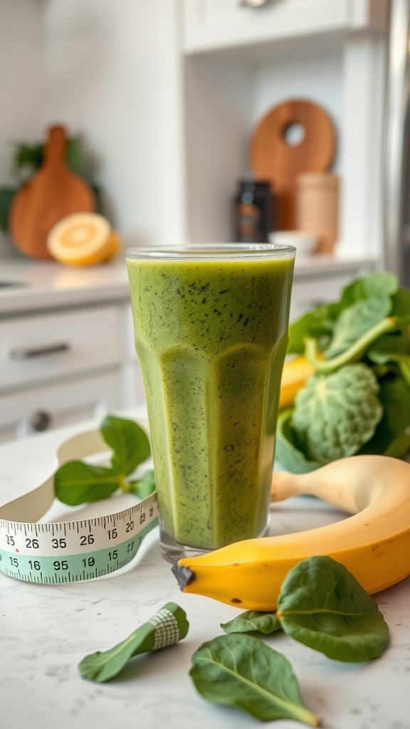 A green smoothie made with spinach and banana, surrounded by fresh ingredients.