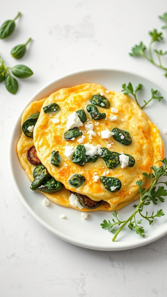 A delicious spinach and feta omelette served on a plate with fresh herbs