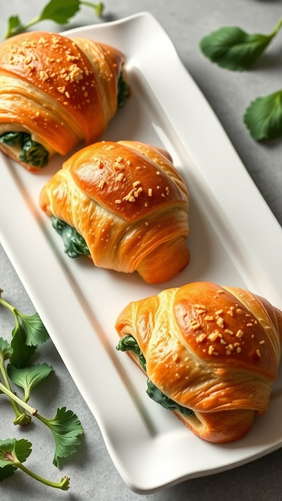 Delicious spinach and feta stuffed croissants on a white platter.