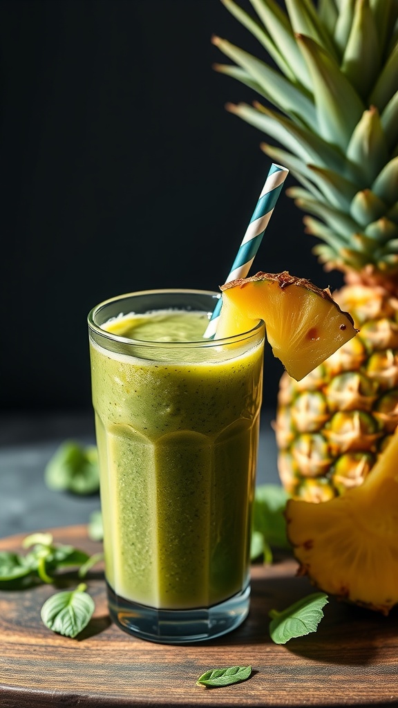 A green smoothie made with spinach and pineapple served in a glass with a straw, next to a pineapple.
