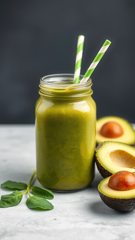 A jar of green smoothie with spinach and avocado, garnished with two striped straws.