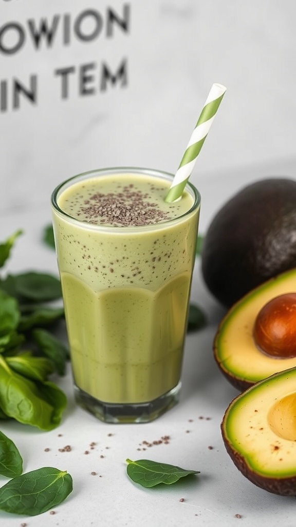 A green smoothie made with spinach and avocado, garnished with chia seeds.