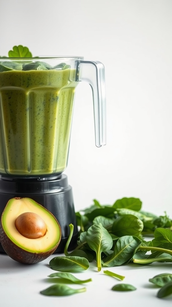 A blender filled with a green smoothie made of spinach and avocado, with some spinach leaves and a halved avocado in the foreground.