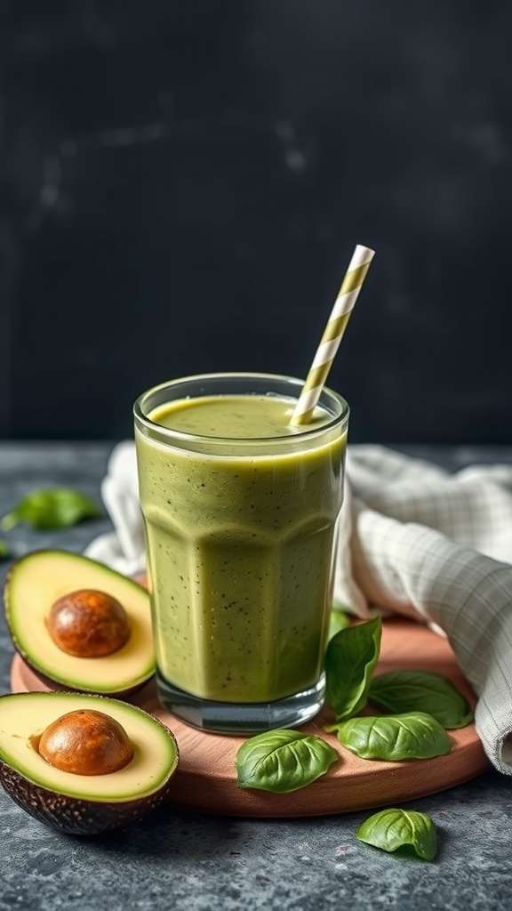 A green smoothie in a glass with avocado halves beside it.