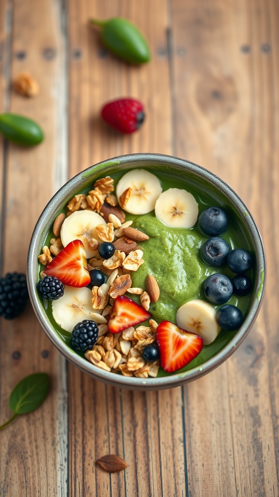 A spinach banana smoothie bowl topped with granola and fresh fruits.
