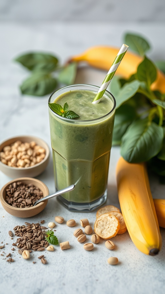A vibrant green spinach banana smoothie in a glass with a straw, surrounded by bananas and ingredients like seeds and nuts.