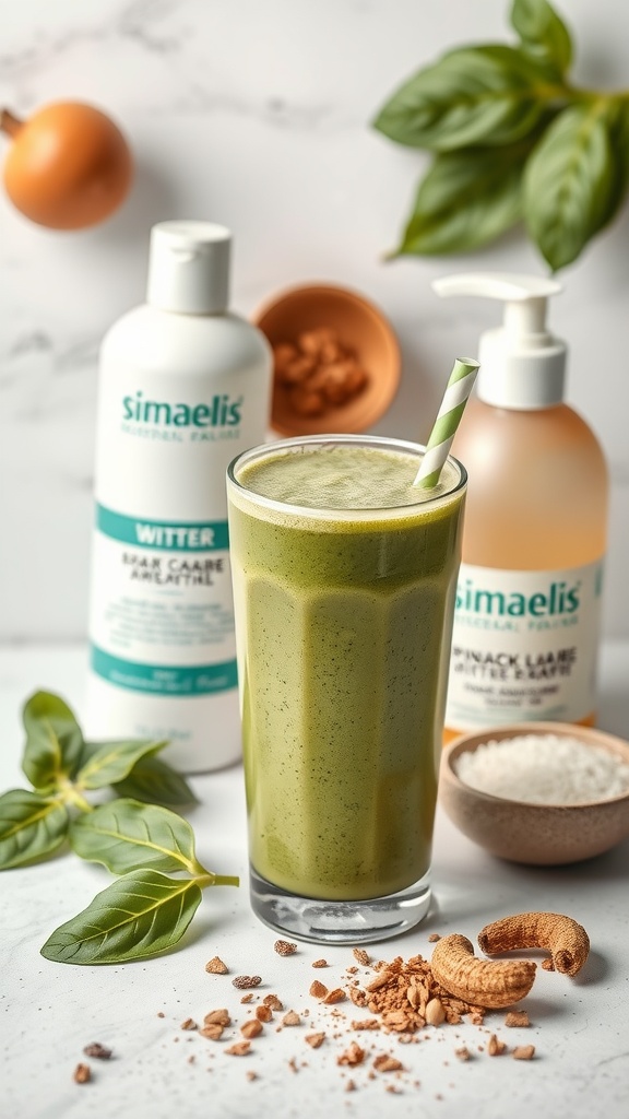 A refreshing green spinach banana smoothie in a glass with a striped straw.