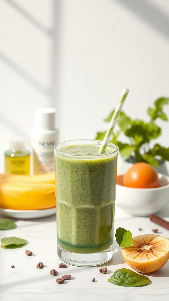 A refreshing spinach banana smoothie in a glass with a straw, surrounded by fresh ingredients.