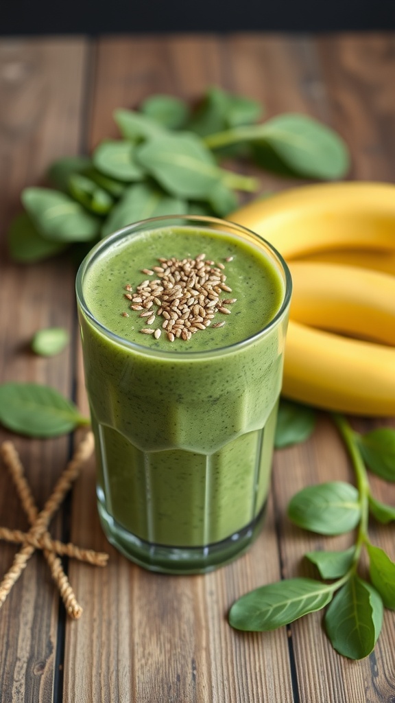 A green spinach banana smoothie with flaxseeds, garnished and ready to enjoy.
