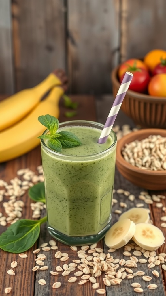 A refreshing spinach banana smoothie in a glass with oats, garnished with mint leaves and a straw.