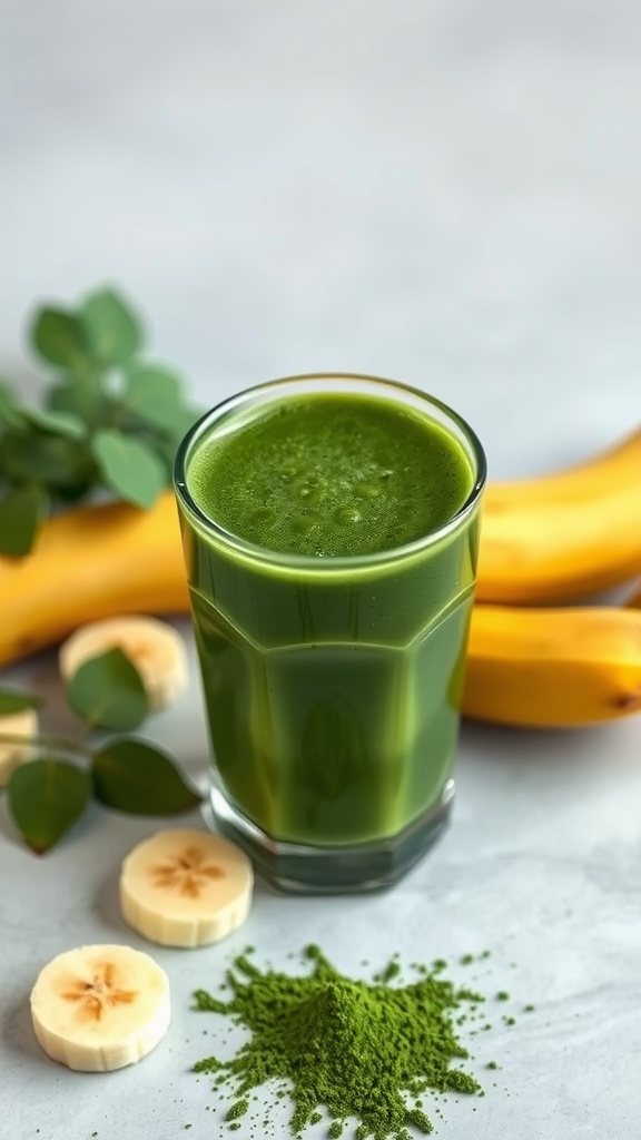 A green smoothie made with spirulina and banana, served in a glass with banana slices and spirulina powder on the side.