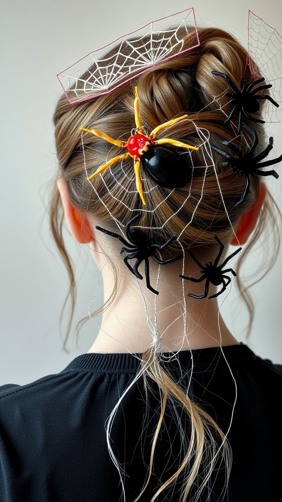 A hairstyle adorned with fake spiders and spiderwebs for Halloween.