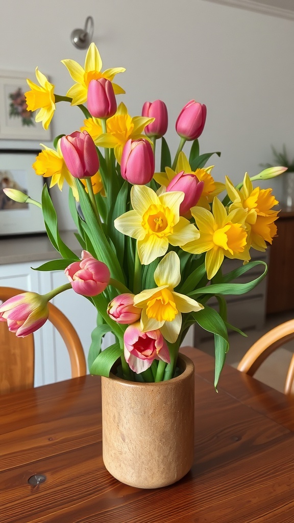 A vibrant spring floral arrangement with pink tulips and yellow daffodils in a simple vase.