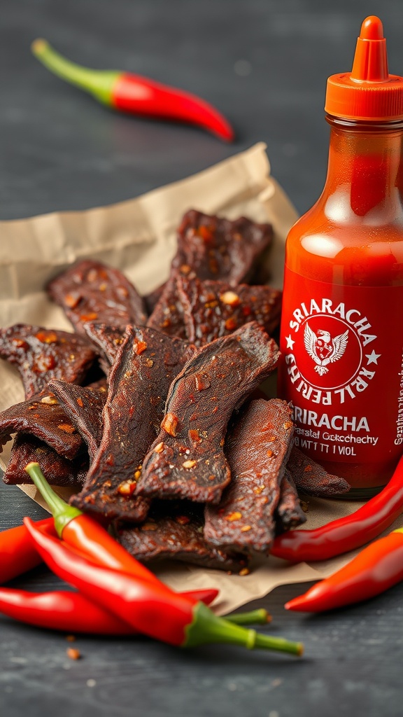 Sriracha beef jerky with Sriracha sauce and red chili peppers