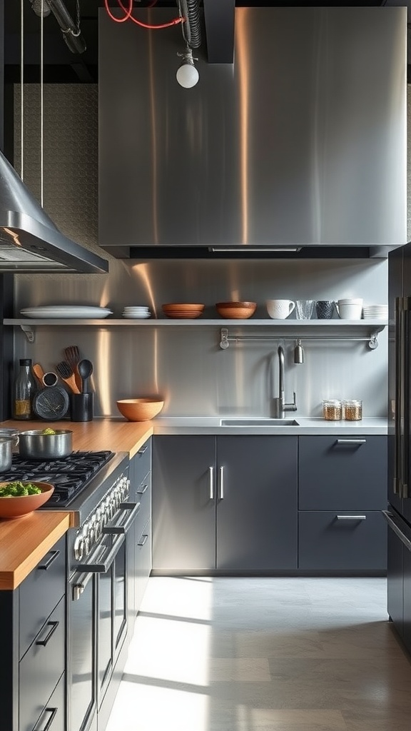 A modern kitchen featuring a stainless steel backsplash with a sleek design.