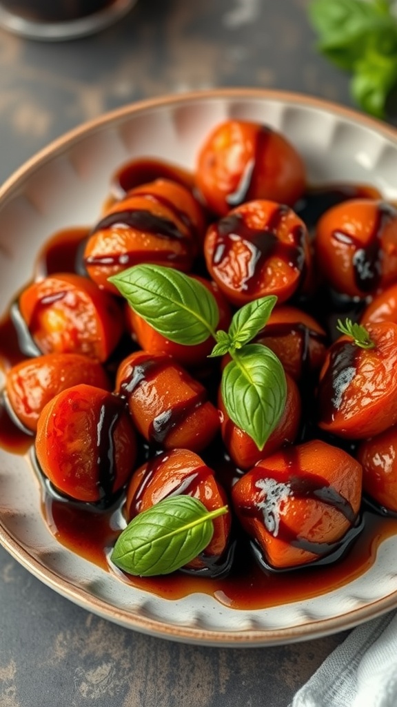 A delicious serving of stewed tomatoes topped with balsamic glaze and fresh basil.