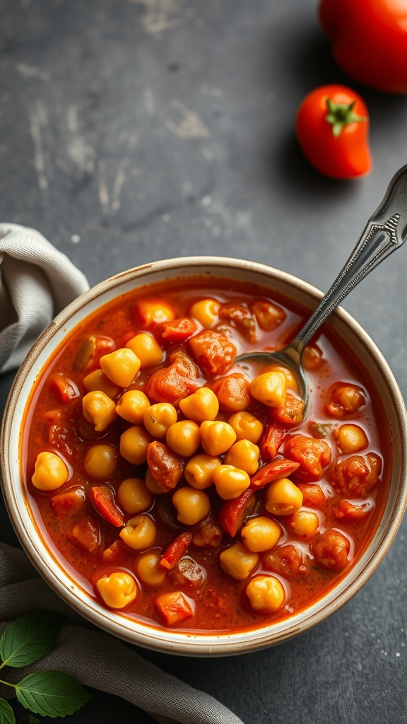 A bowl of stewed tomatoes with chickpeas garnished with herbs.