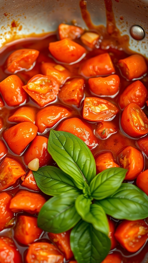 A pot of stewed tomatoes with garlic and basil, showcasing the vibrant colors and fresh ingredients.