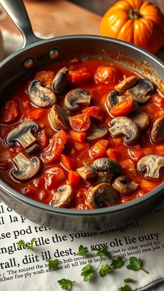 A skillet with stewed tomatoes and mushrooms, highlighting a rich red sauce with earthy tones.