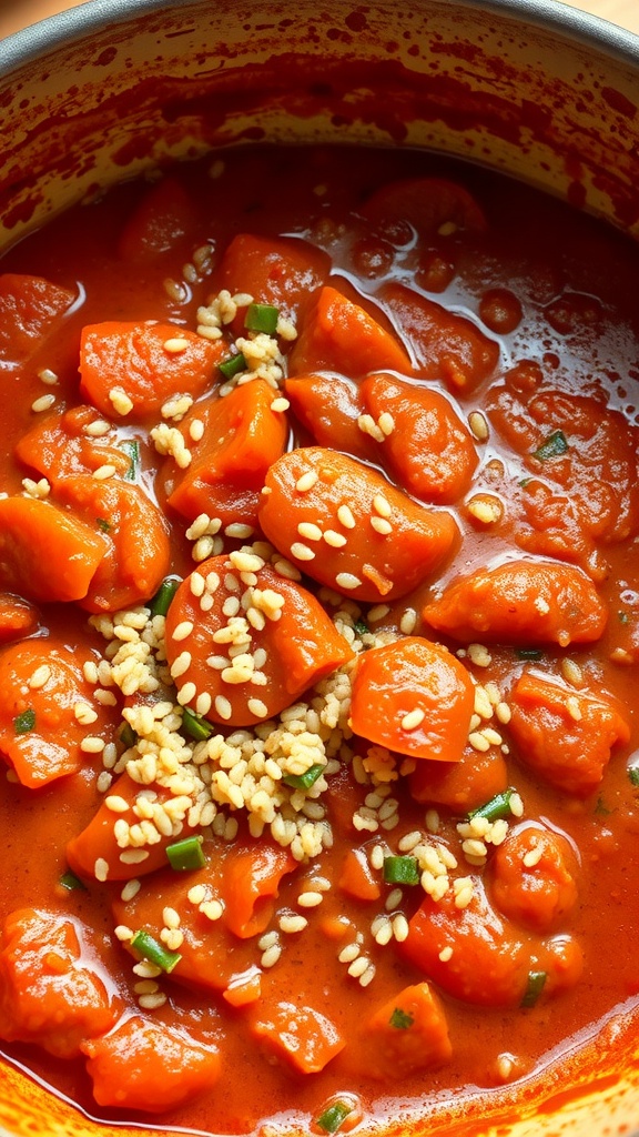 Stewed tomatoes with quinoa in a pot, garnished with sesame seeds and green onions.