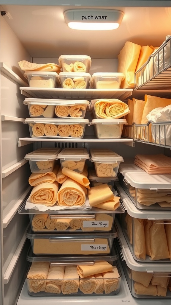 A neatly organized refrigerator filled with cheese wraps in containers.