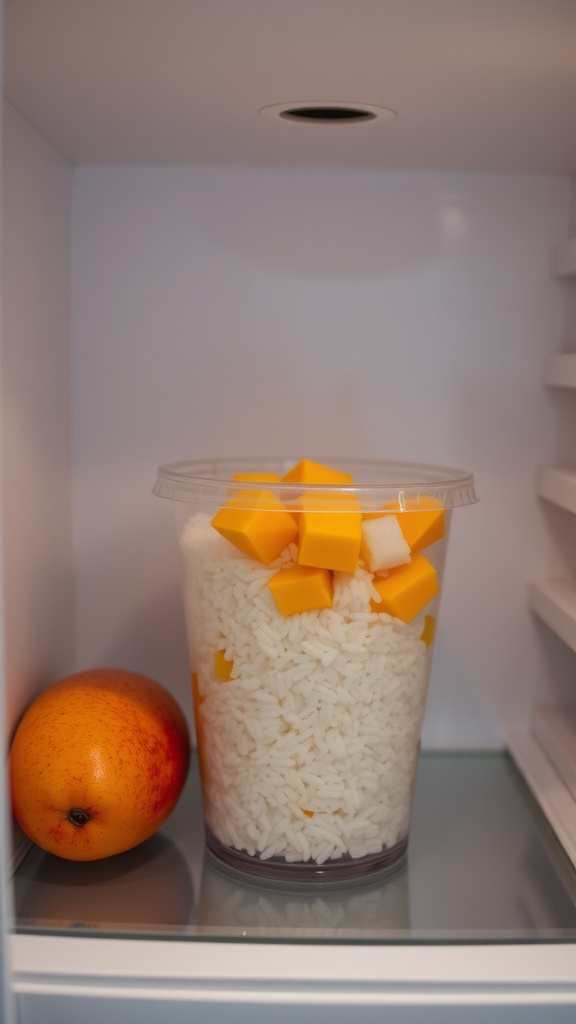 A container of mango sticky rice with fresh mango slices beside it.