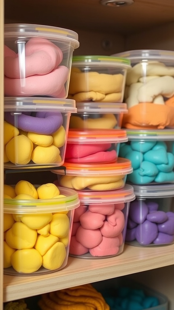 Colorful homemade playdough stored in containers.