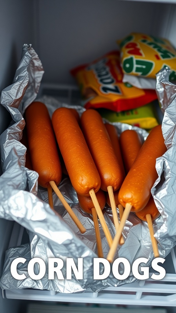 A close-up of leftover corn dogs stored in a refrigerator.