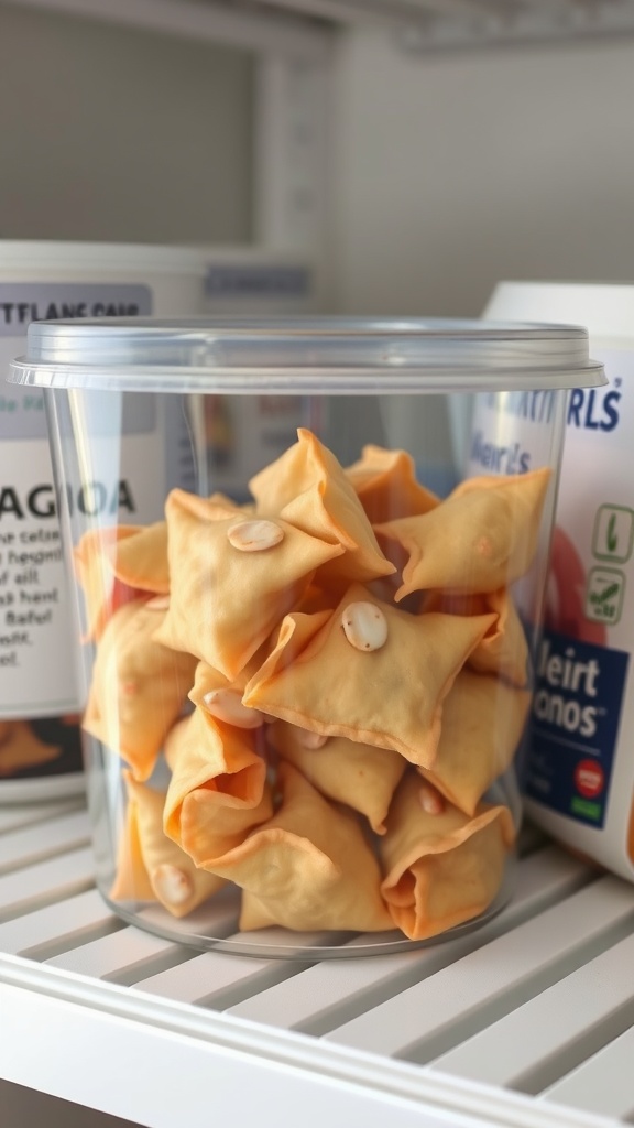 A container filled with homemade crab rangoon, ready for storage.